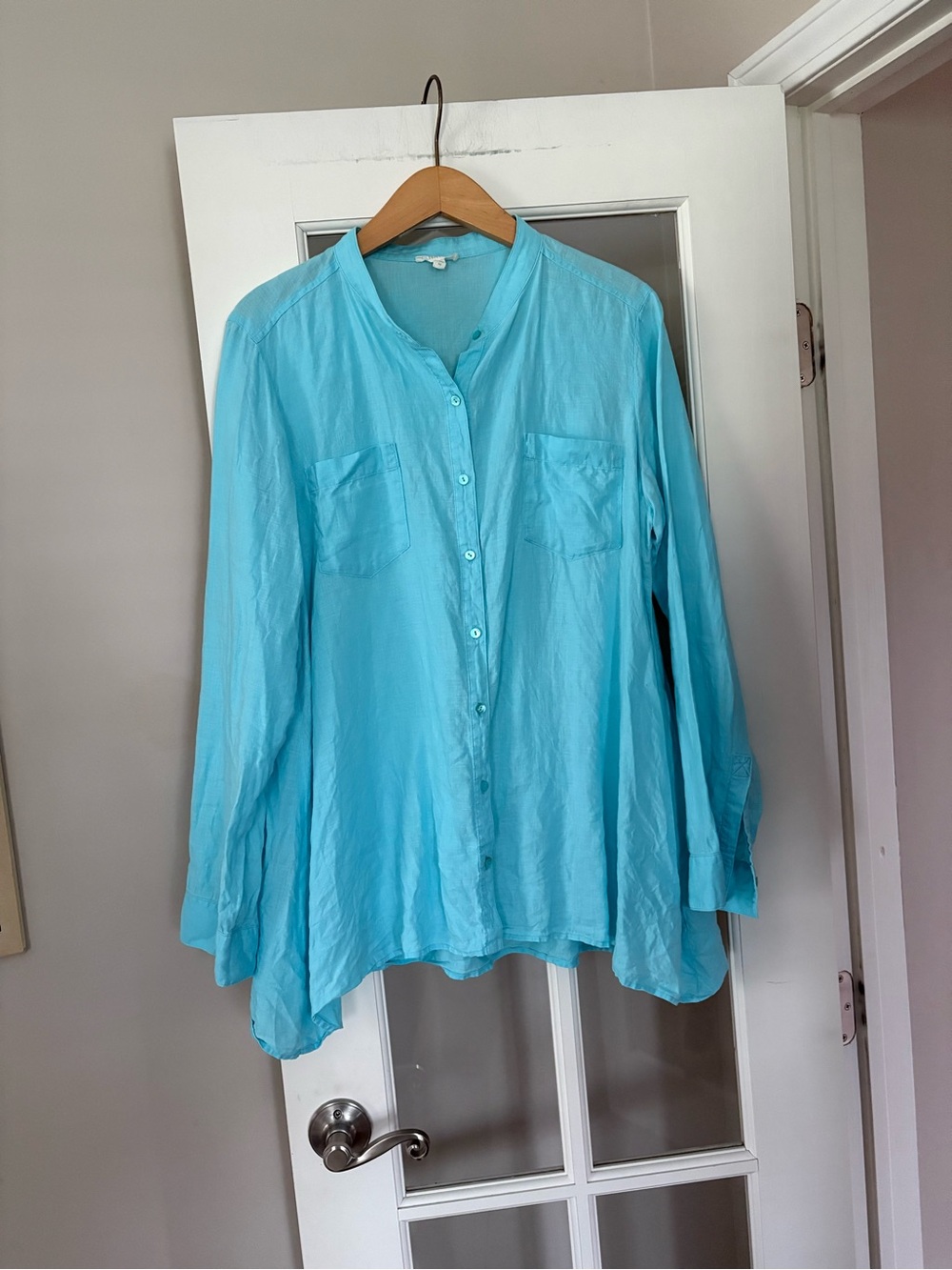 Eileen Fisher Tunic Shirt Womens Medium M Aqua 100% Irish Linen Button USA